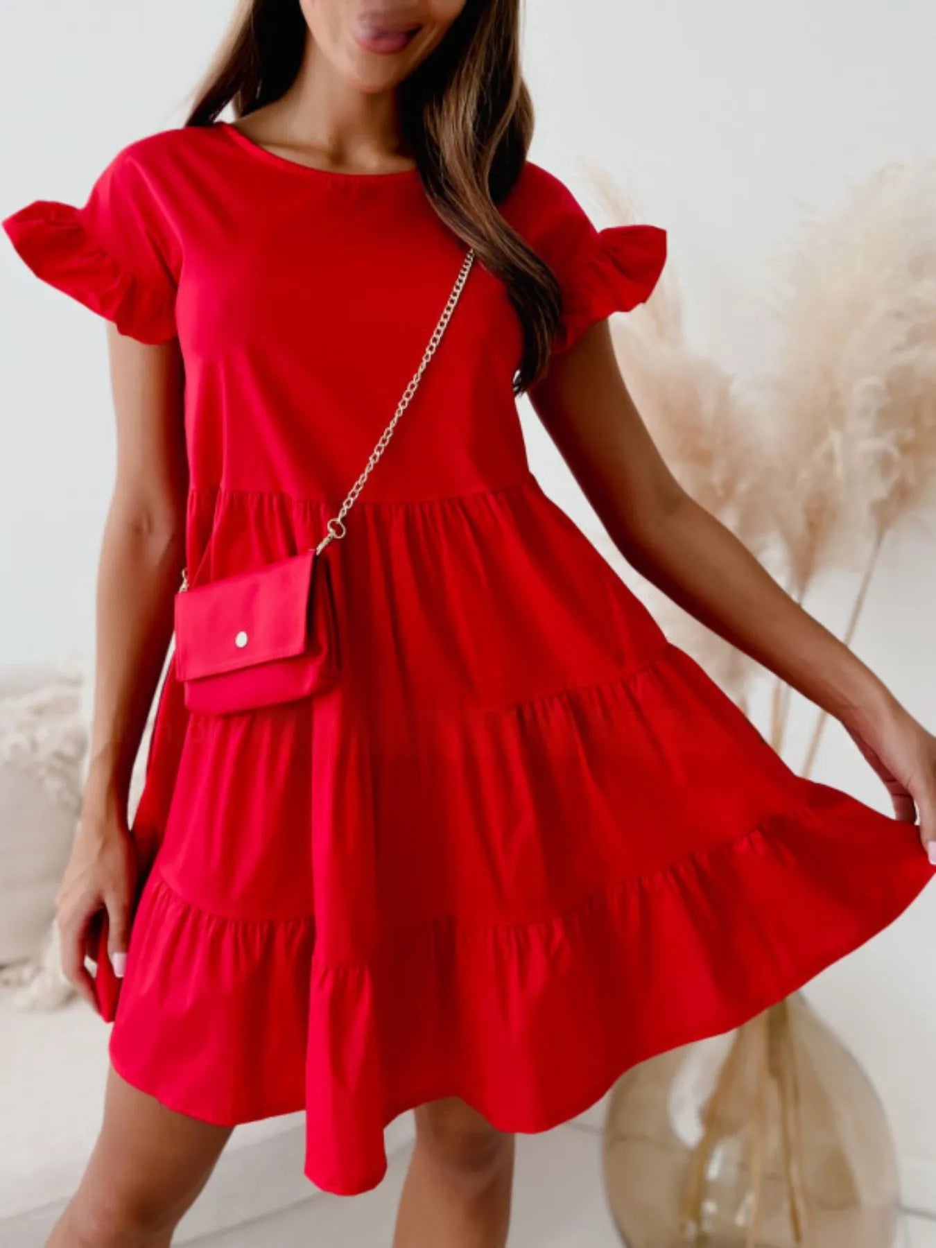 Ruffle Sleeve Tiered Swing Dress
