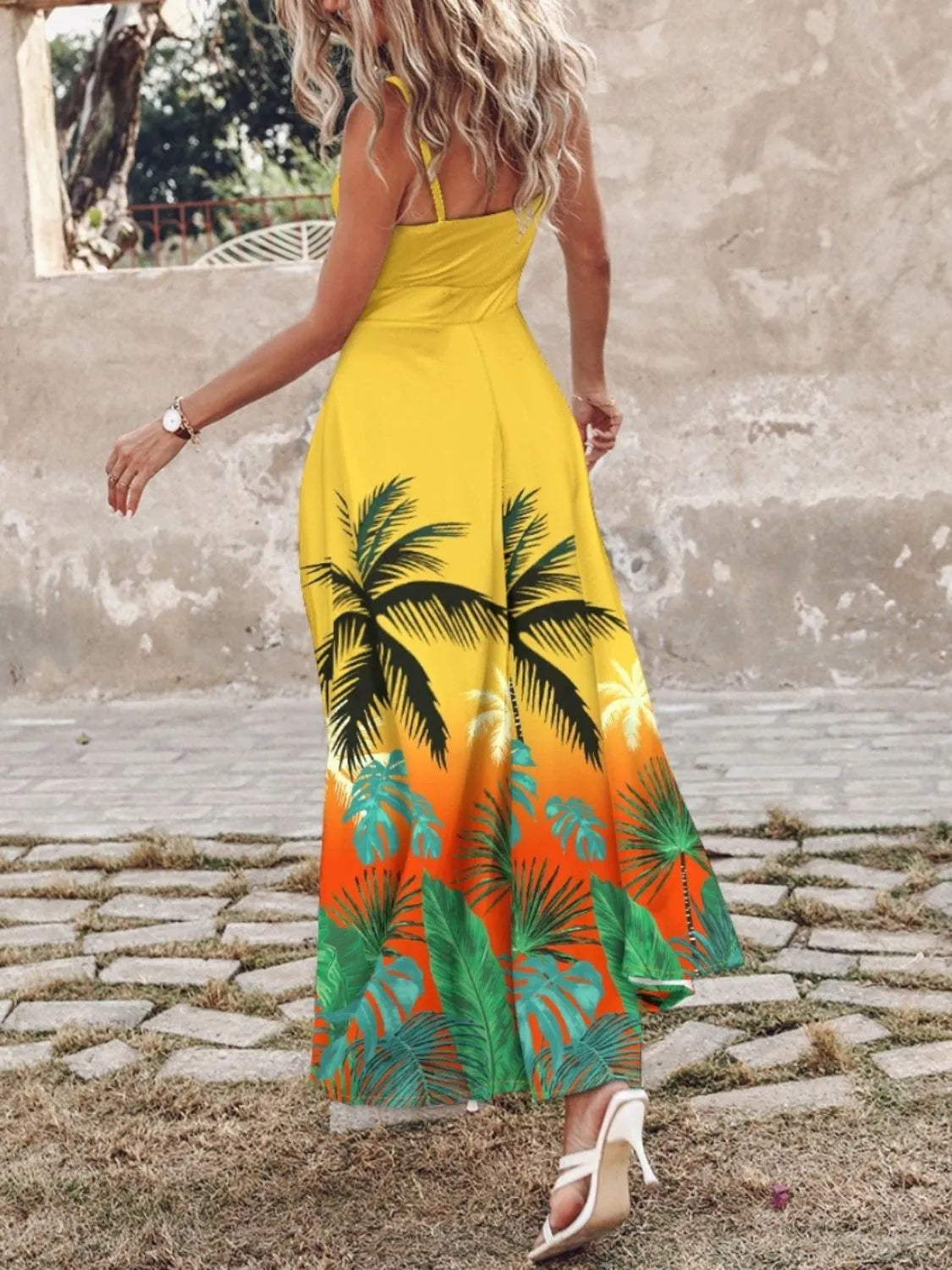 Feather Print Spaghetti Strap Split Dress