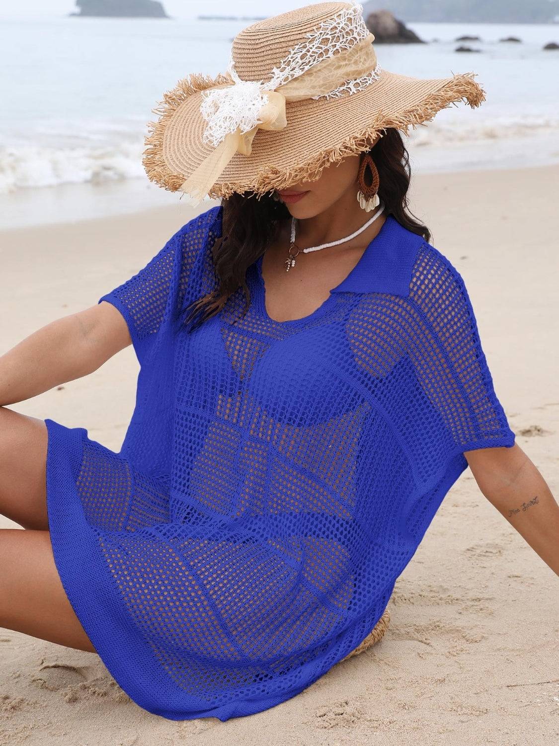 Hollow Out Collared Neck Cover-Up - Clothes For Her Online Store