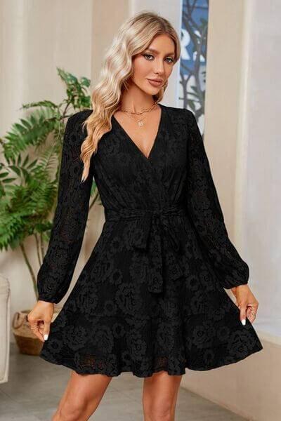 Surplice Lace Long Sleeve Mini Dress