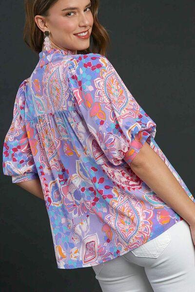 Umgee Full Size Mixed Print Notched Puff Sleeve Blouse Plus Size