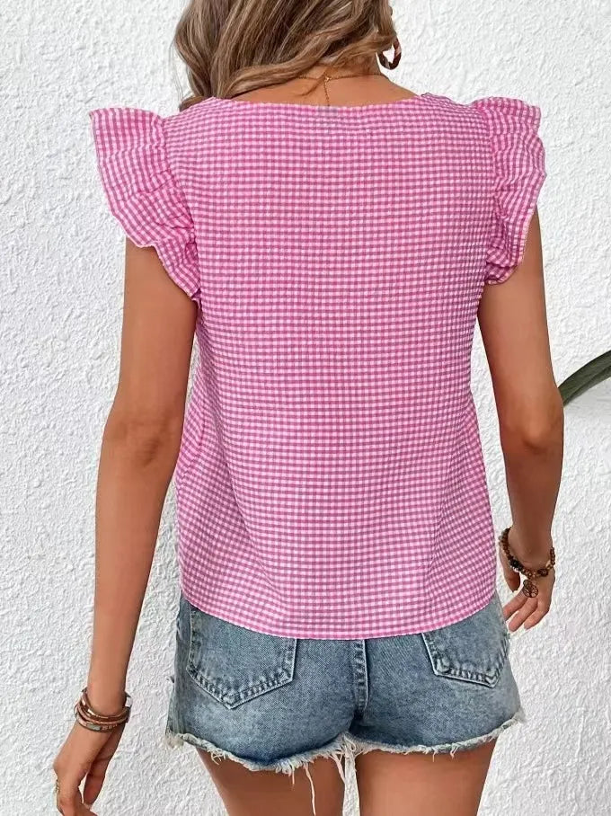 Ruffle Sleeve Gingham Square Neck Top