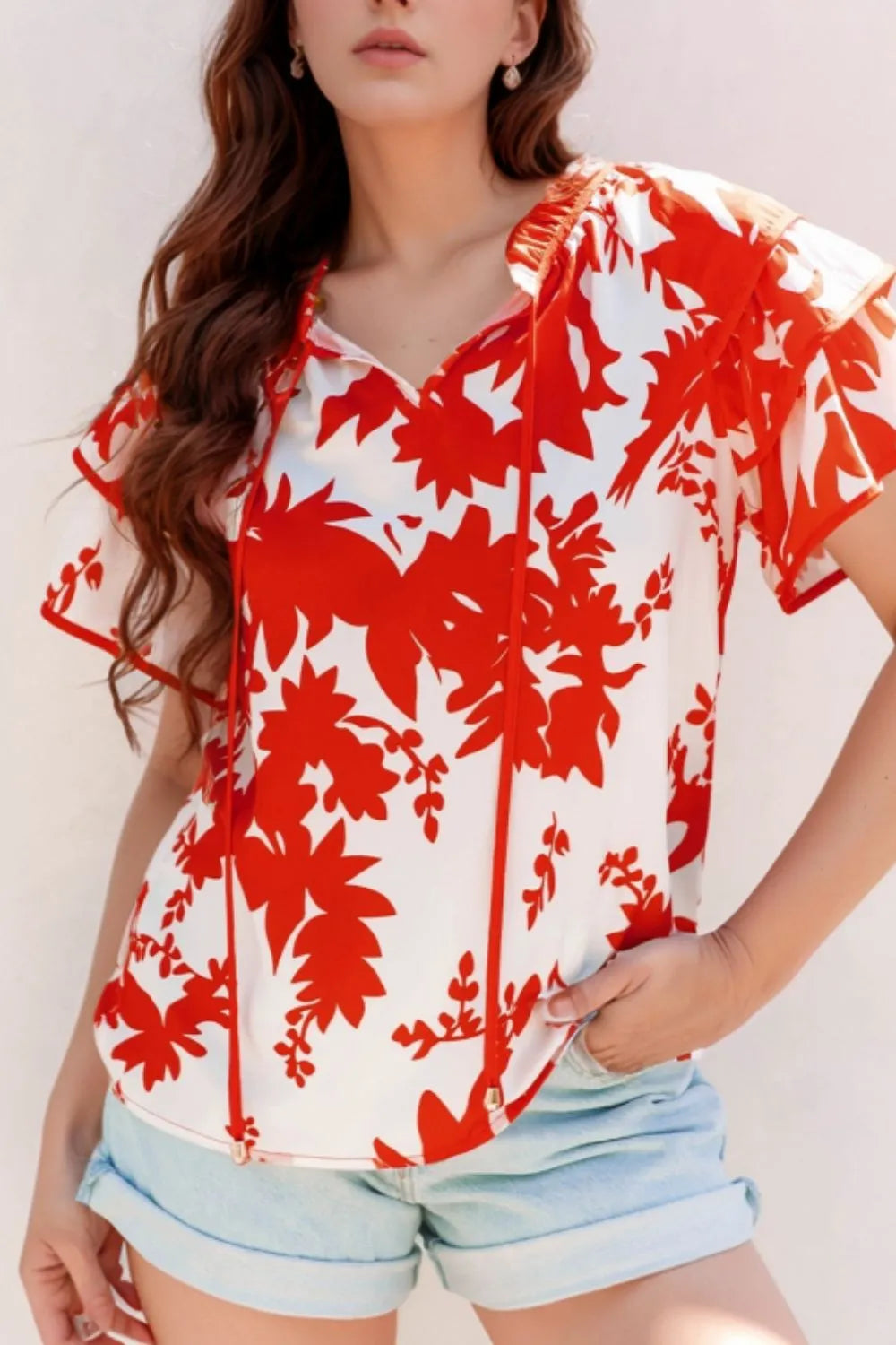 Plant Print Tiered Ruffled Sleeve Tie Neck Blouse