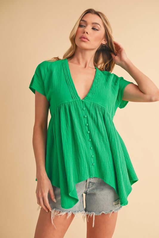 Aemi + Co Tuck Detail V-Neck Short Sleeve Blouse