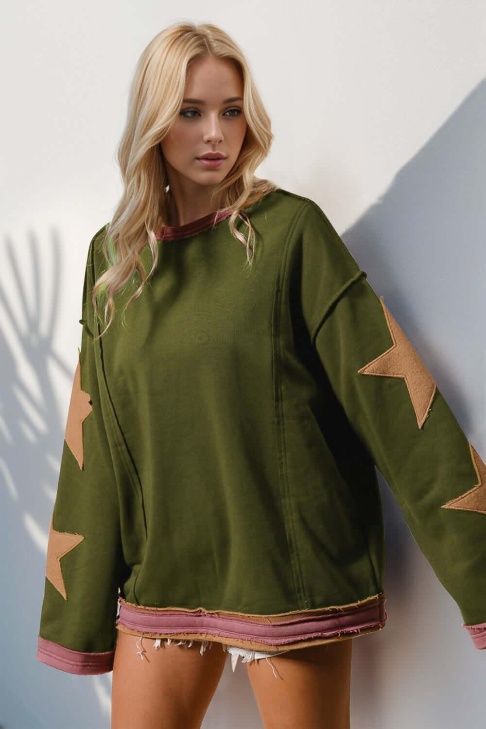 Double Take Star Patched Long Sleeve Sweatshirt - Clothes For Her Online Store