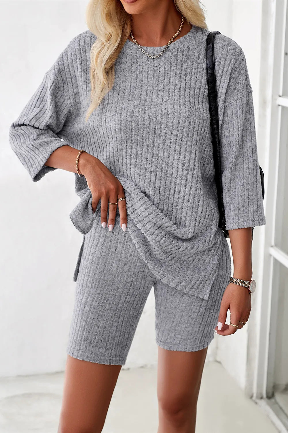 Devine Ribbed Round Neck Top and Shorts Set - Clothes For Her Online Store