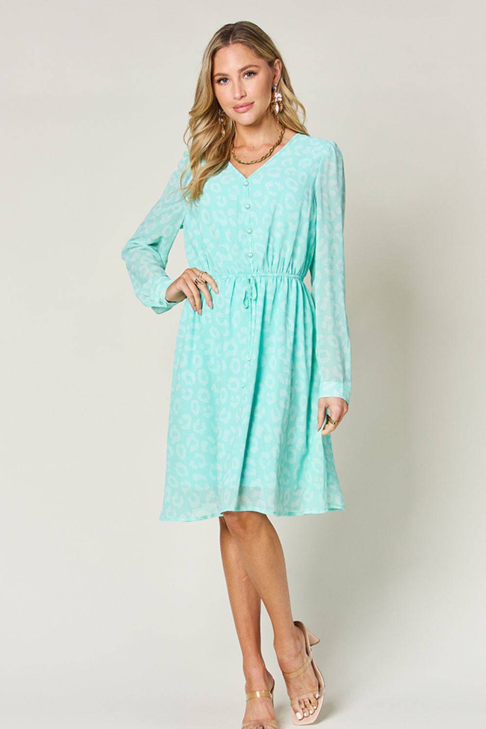 Double Take Full Size Printed Ruched V-Neck Long Sleeve Dress - Clothes For Her Online Store