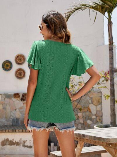 Mandy Eyelet Round Neck Flutter Sleeve Top