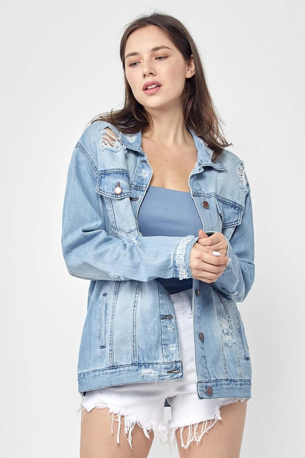 RISEN Full Size Distressed Long Sleeve Denim Jacket Plus Size