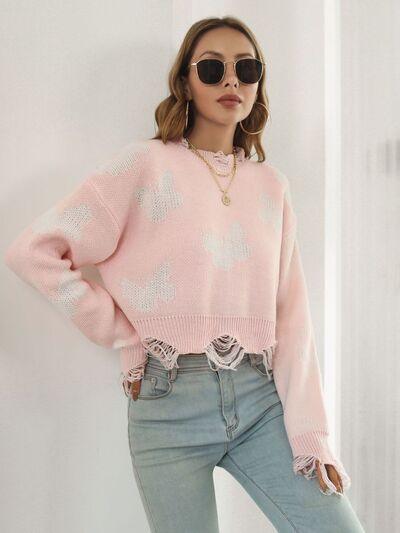 Distressed Butterfly Cropped Sweater