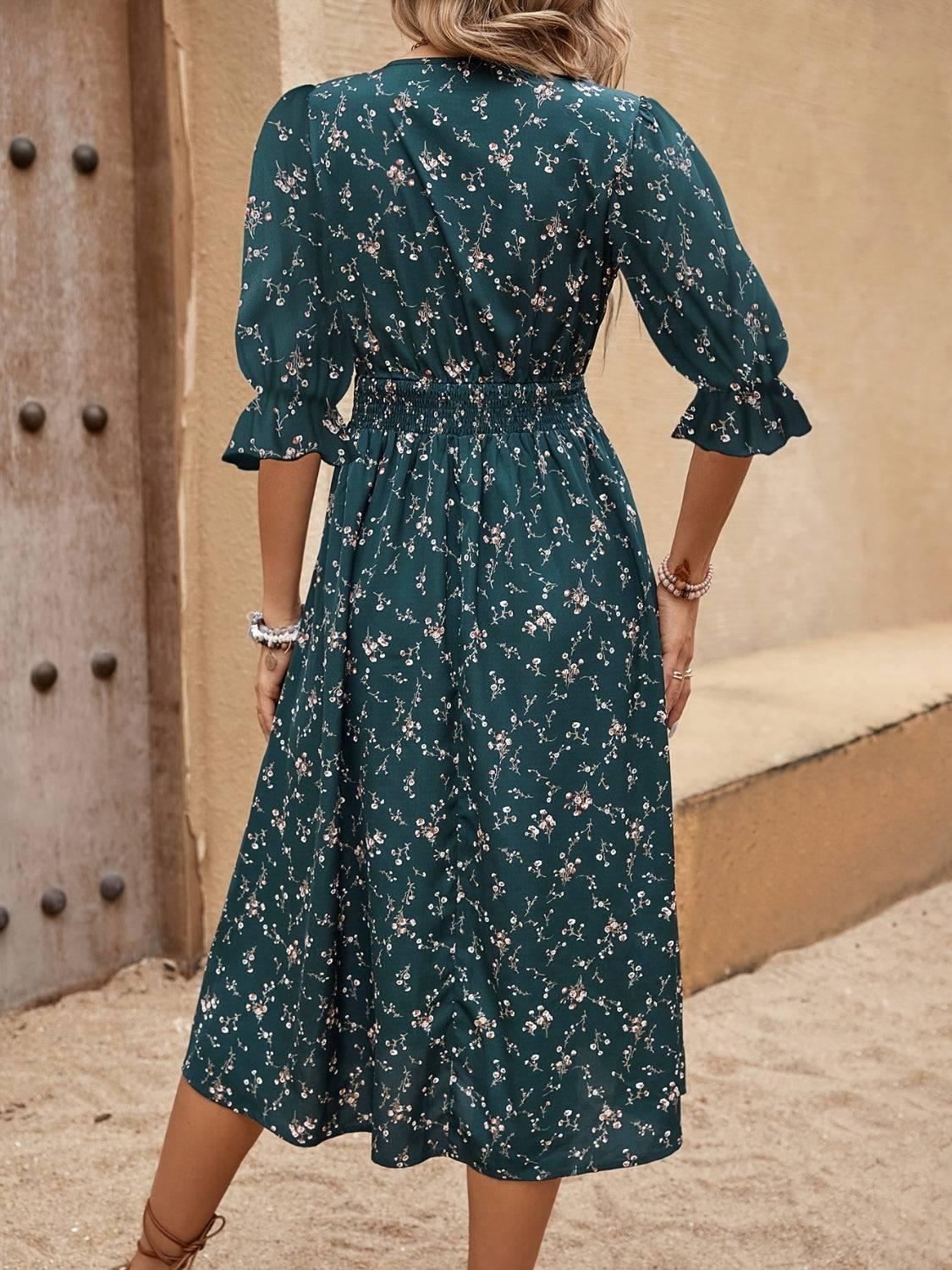 Smocked Waist Floral Flounce Sleeve Midi Dress