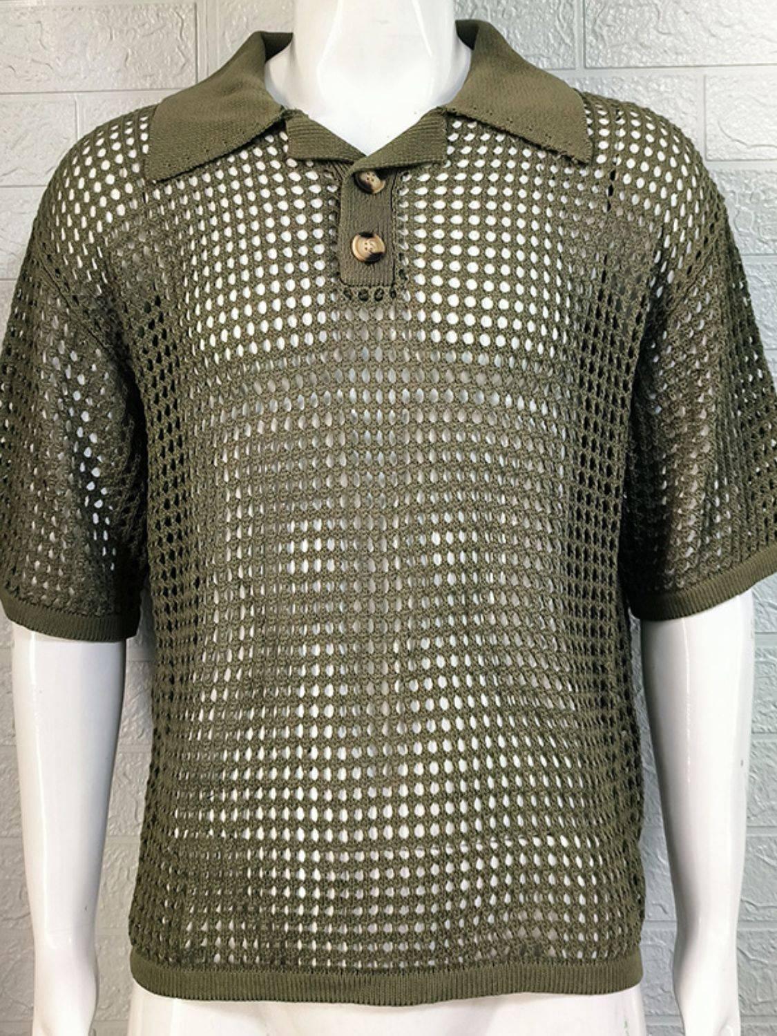 Men's Plus Size Openwork Collared Neck Quarter Button Knit Polo