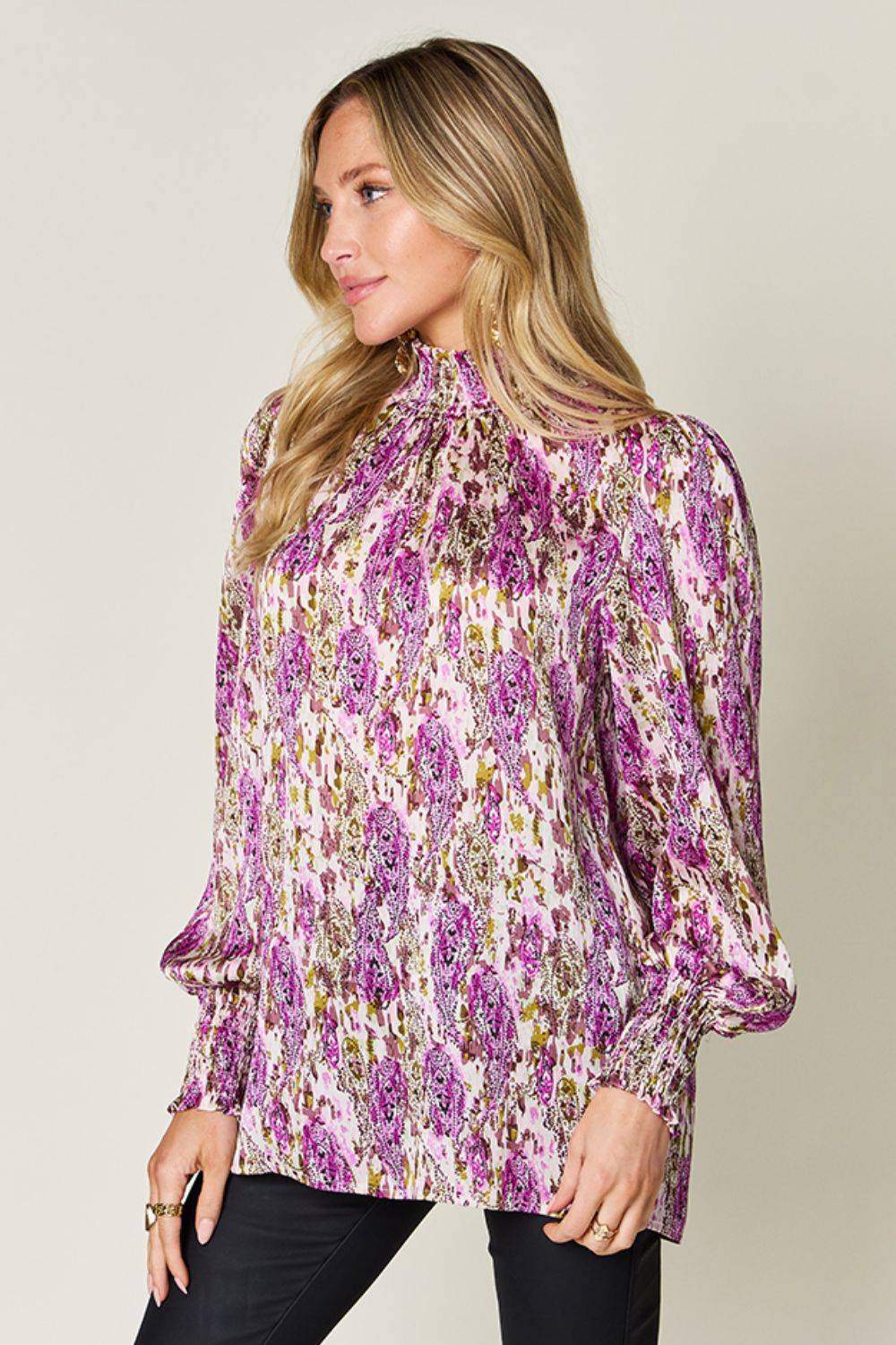 Double Take Full Size Printed Smocked Long Sleeve Blouse - Clothes For Her Online Store