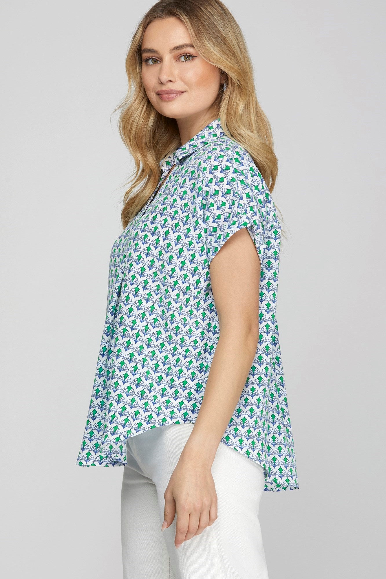 She + Sky Full Size Printed Johnny Collar Short Sleeve Blouse Plus Size - Clothes For Her Online Store