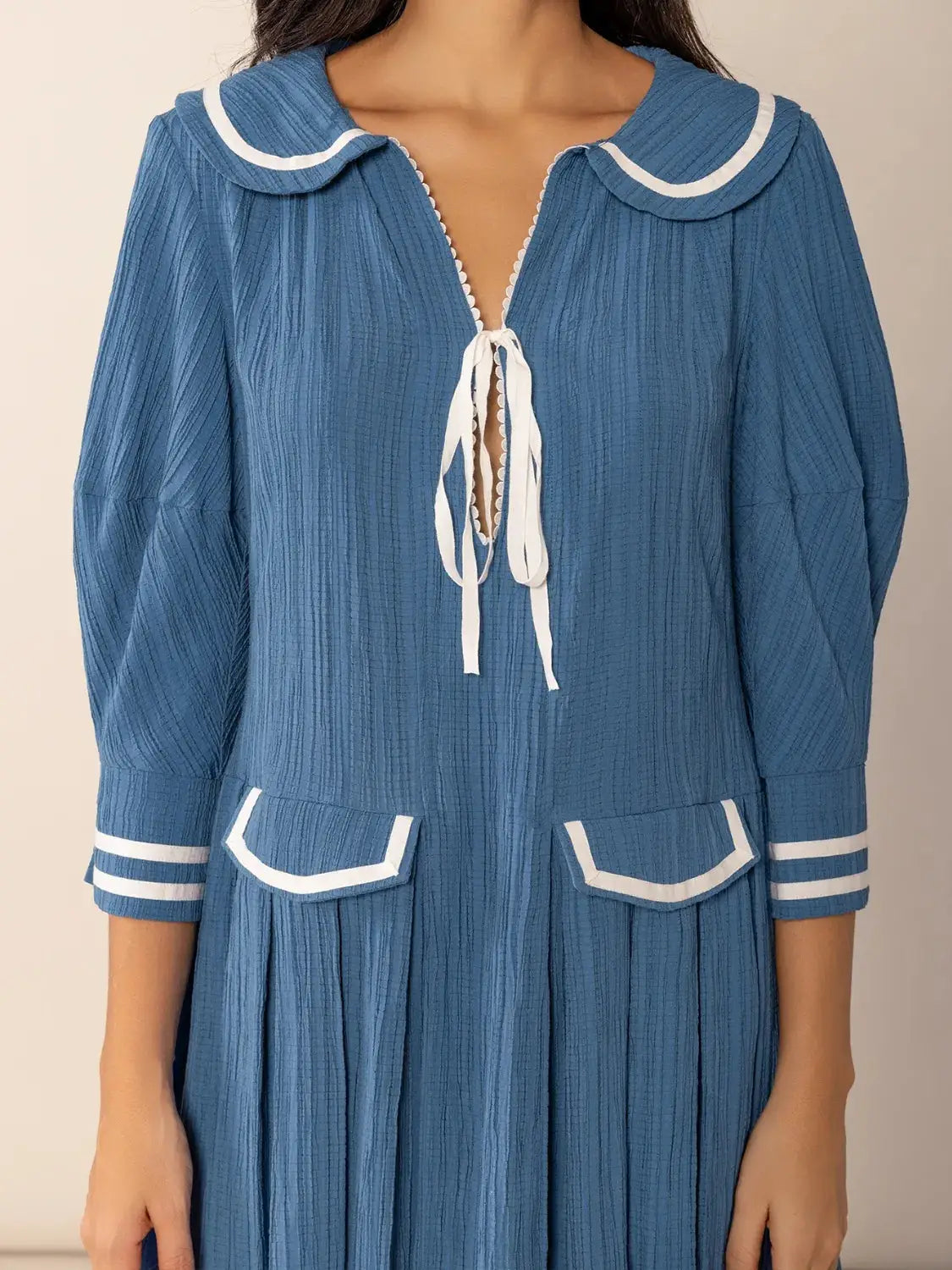 Tie Front Pleated Three-Quarter Sleeve Mini Dress - Clothes For Her Online Store
