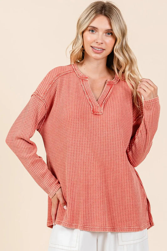 Mittoshop Mineral Wash Waffle Knit V-Neck Long Sleeve Top
