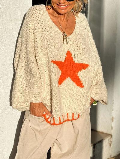 Star V-Neck Long Sleeve Oversize Sweater - Clothes For Her Online Store