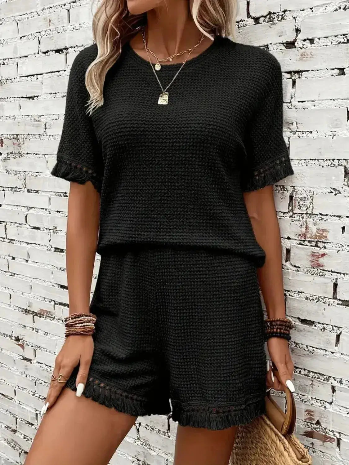 Tassel Round Neck Top and Shorts Set - Clothes For Her Online Store