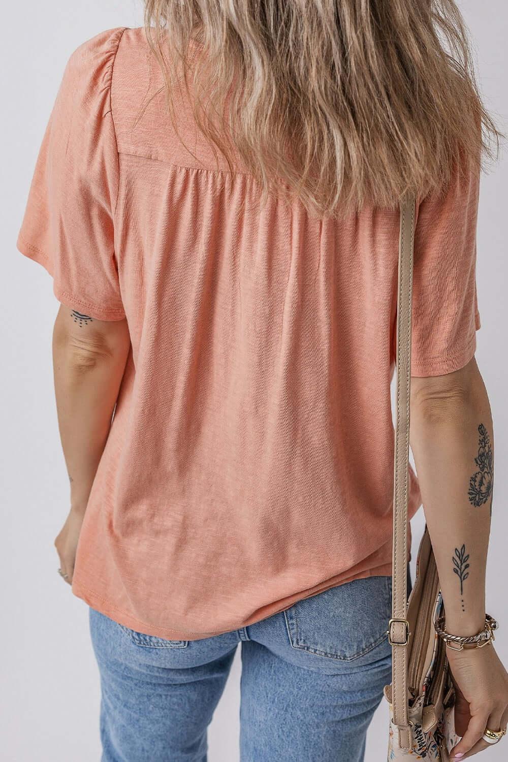 Smocked Front V Neck Short Sleeve Top