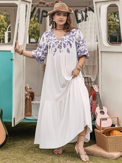 Plus Size Printed Tie Neck Half Sleeve Maxi Dress