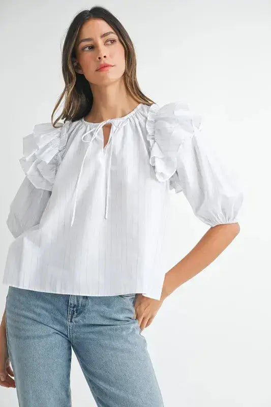 MABLE Stripe Ruffle Shoulder Puff Sleeve Blouse - Clothes For Her Online Store