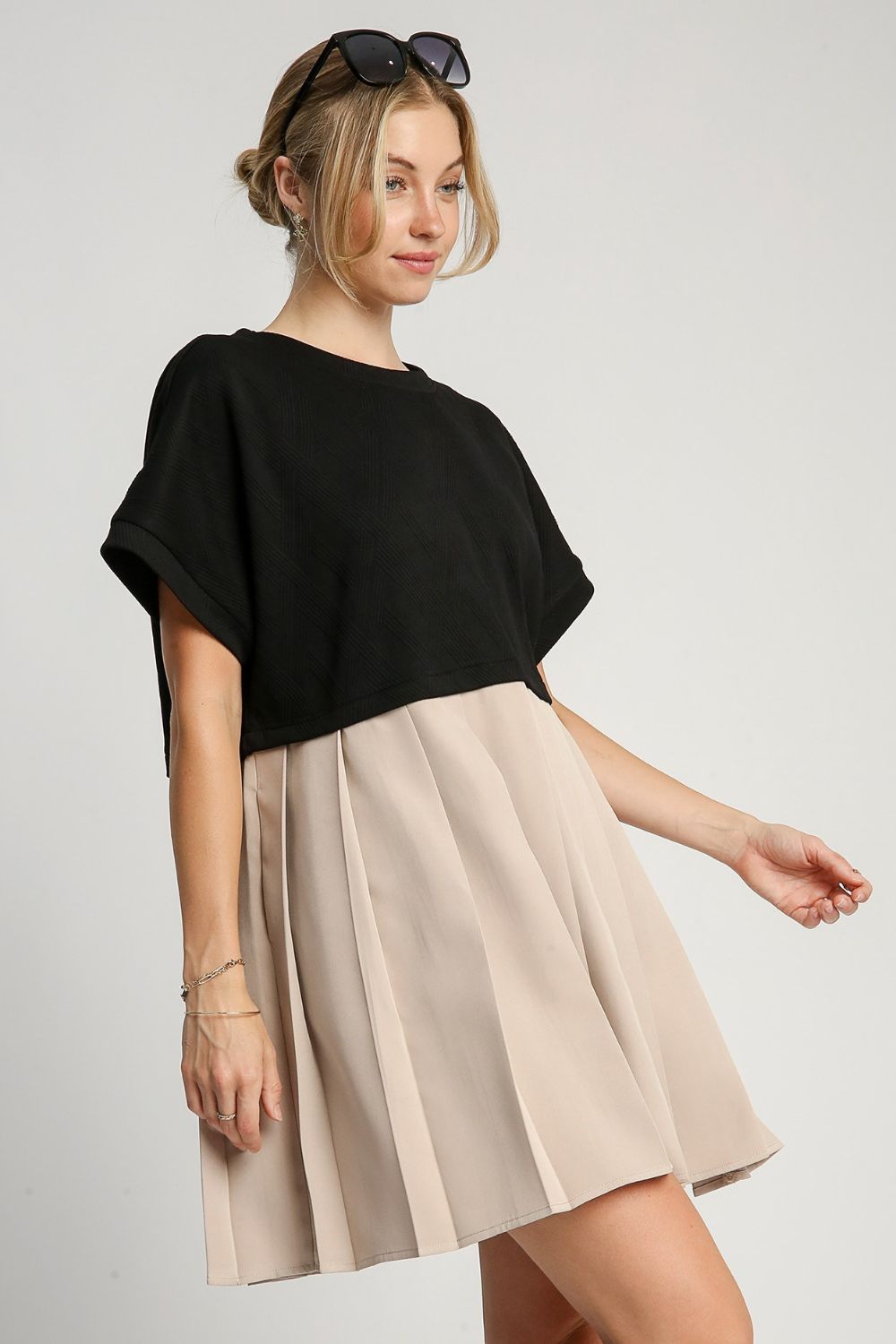 Umgee Full Size Round Neck Pleated Dress with Side Pockets Plus Size - Clothes For Her Online Store