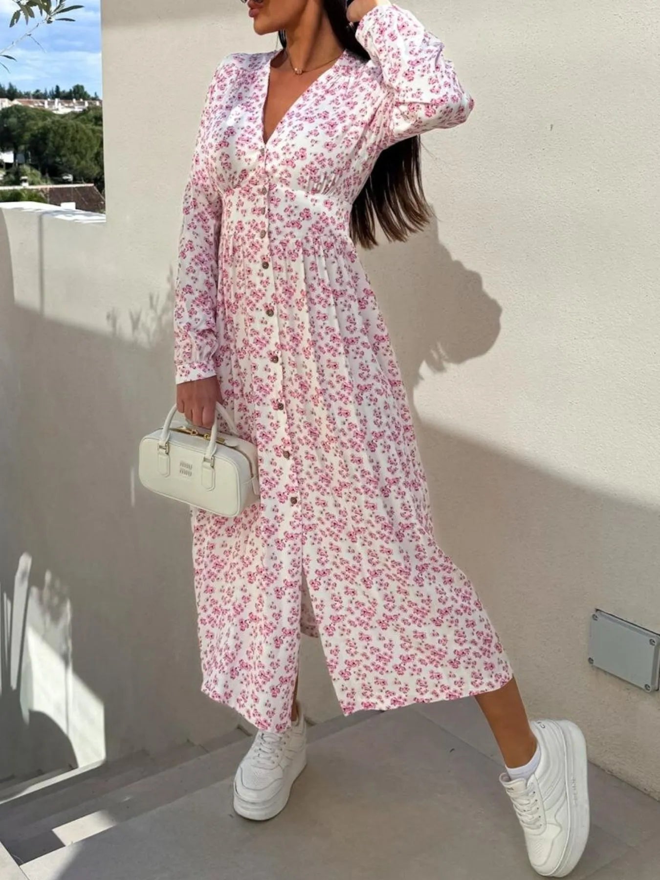 Floral Print Long Sleeve V-Neck Dress