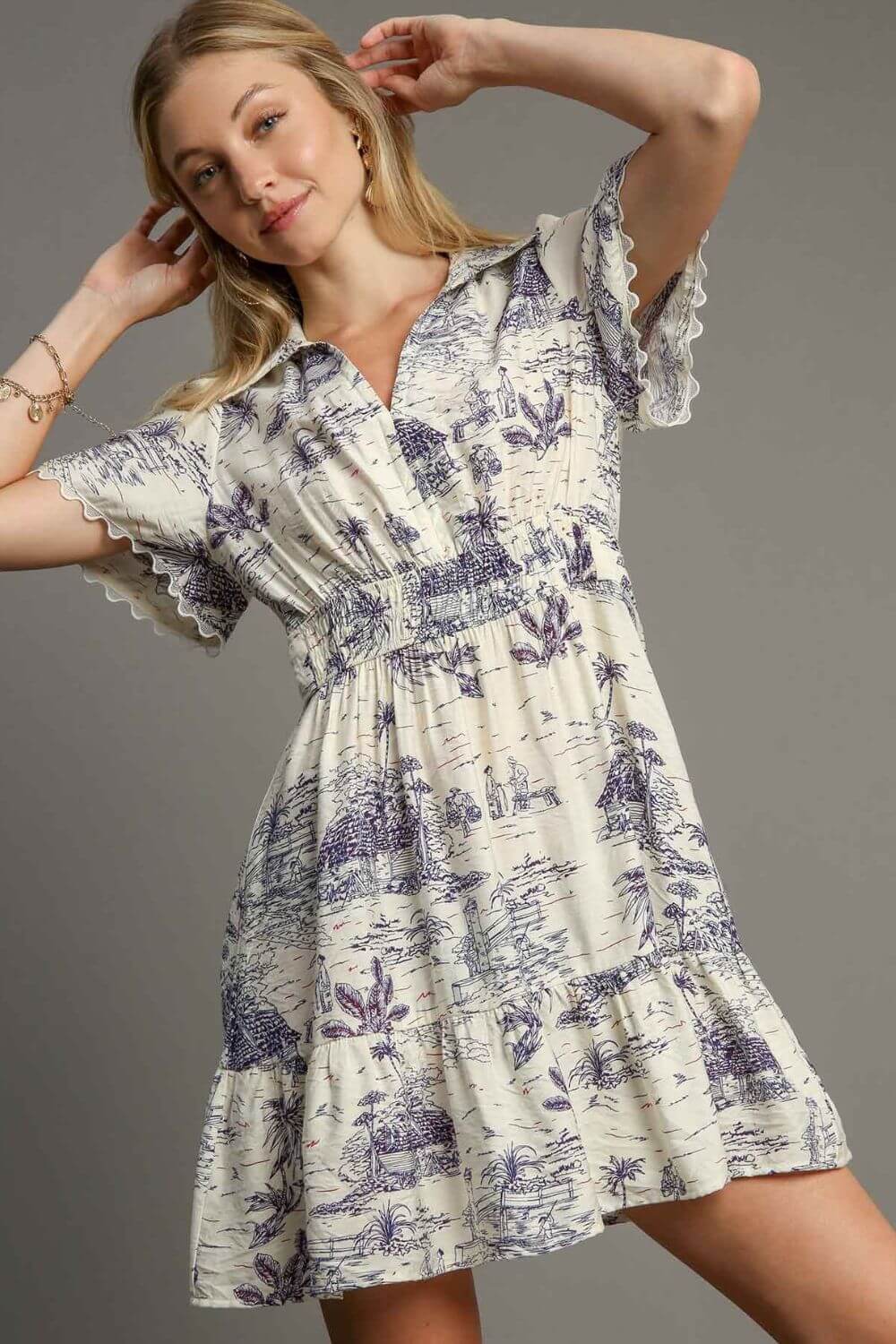 Umgee Full Size Landscape Print Collared Mini Dress Plus Size