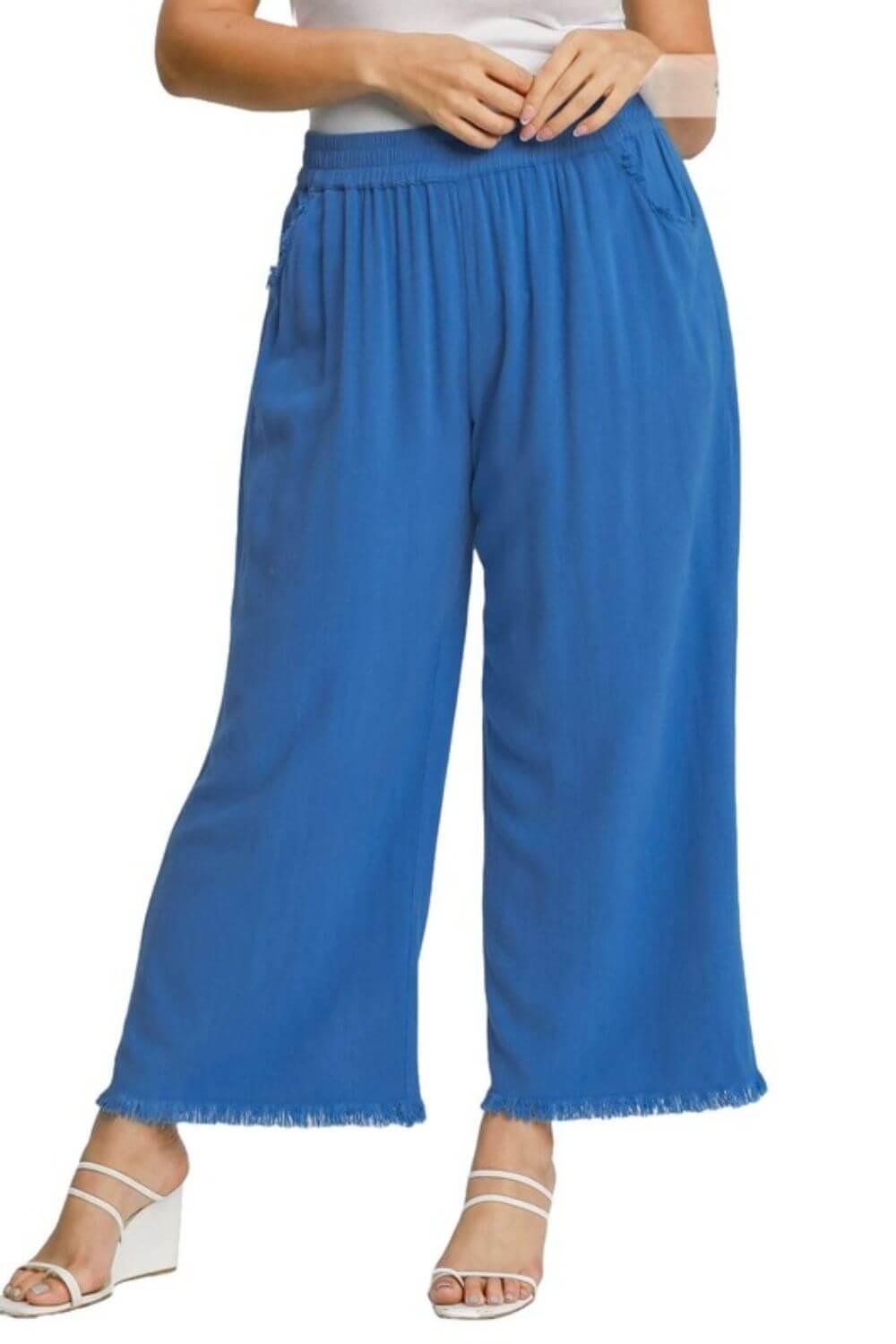 Umgee Full Size Linen Blend Elastic Waistband Wide Leg Pants Plus Size