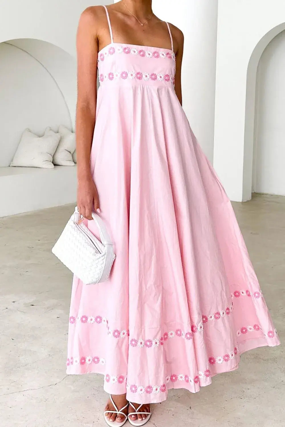 Floral Embroidered Spaghetti Strap Maxi Dress