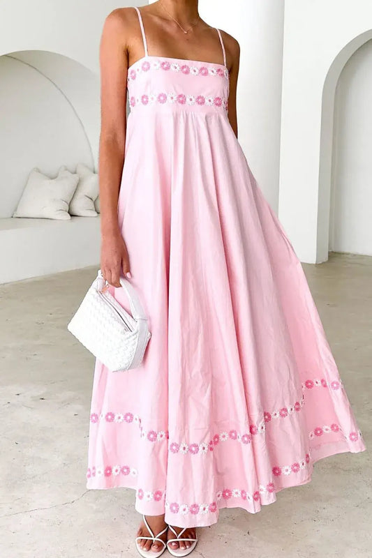 Floral Embroidered Spaghetti Strap Maxi Dress