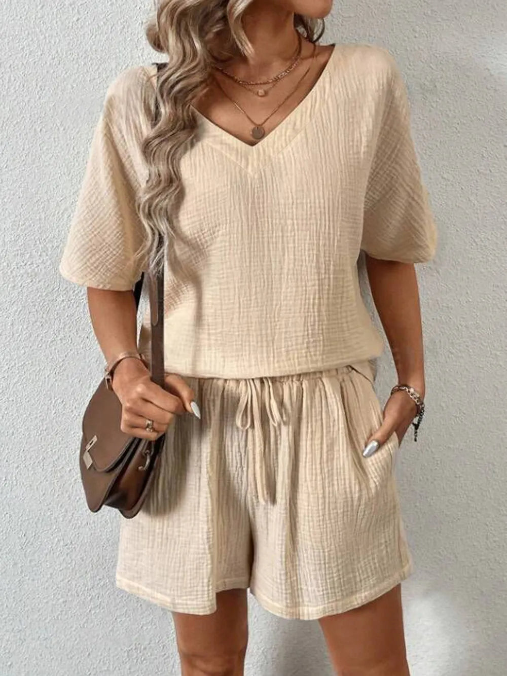 V-Neck Half Sleeve Top and Shorts Set - Clothes For Her Online Store