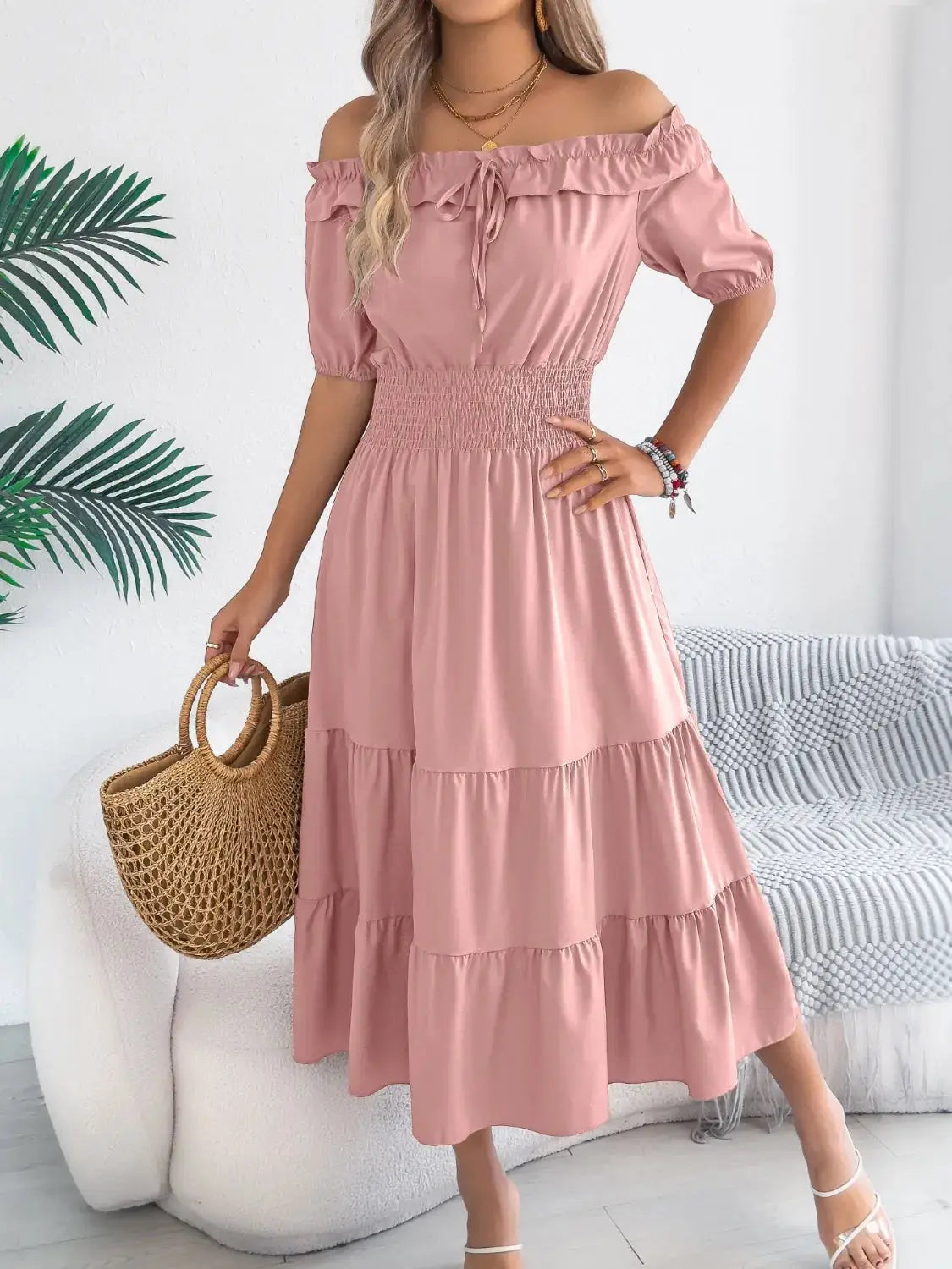 Smocked Off-Shoulder Tiered Dress - Clothes For Her Online Store