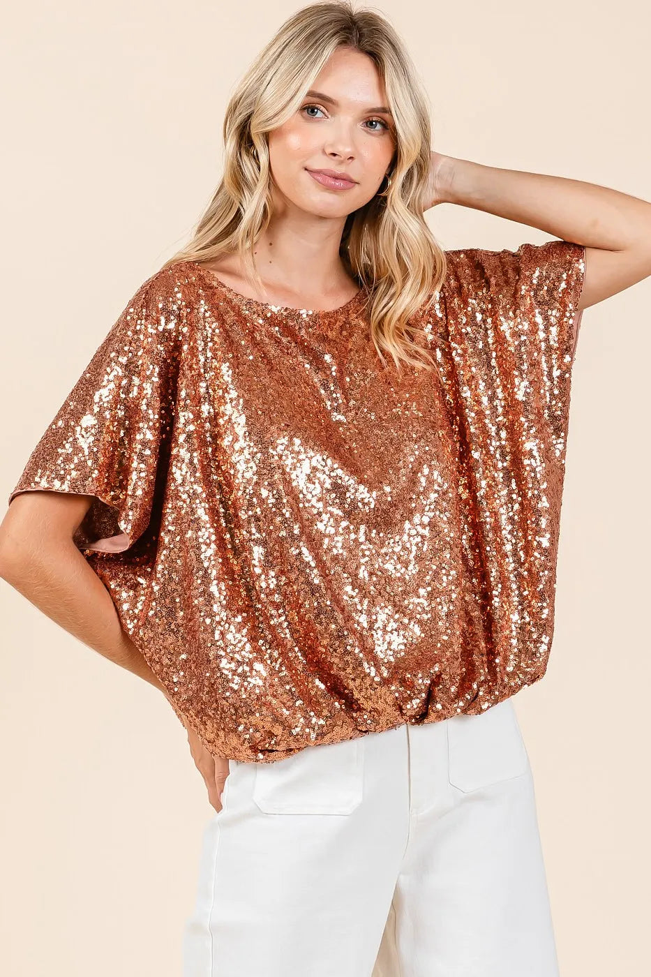 Mittoshop Sequin Short Sleeve Elastic Band Hem Top