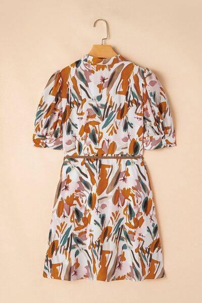 Printed Notched Short Sleeve Mini Dress