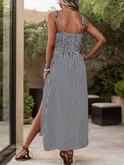 Perfee Tied Smocked Striped Sleeveless Midi Dress