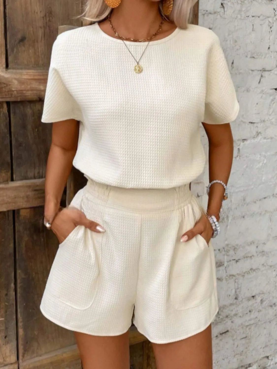 Round Neck Short Sleeve Top and Shorts Set - Clothes For Her Online Store