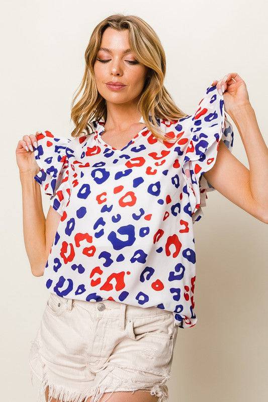 BiBi Leopard Notched Ruffled Cap Sleeve Blouse - Clothes For Her Online Store