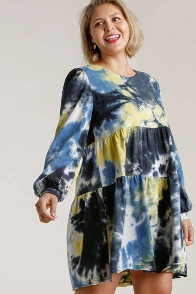 Umgee Full Size Tie Dye Round Neck Long Sleeve Babydoll Tiered Dress Plus Size