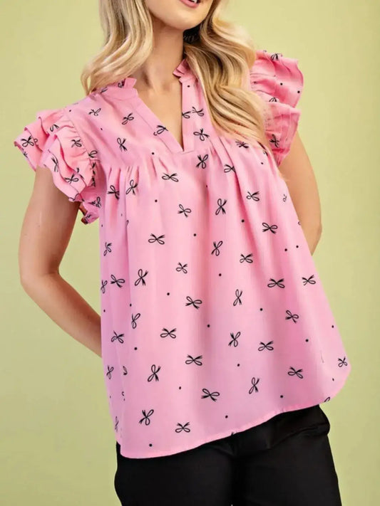 Notched Ruffled Cap Sleeve Blouse - Clothes For Her Online Store