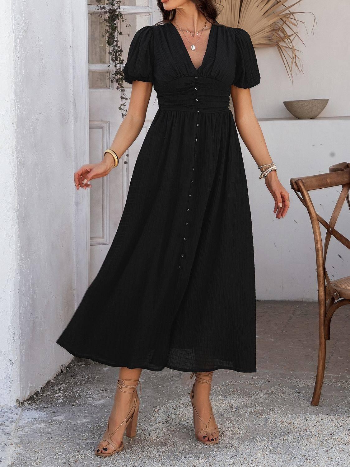 Devine V-Neck Puff Short Sleeve Midi Dress