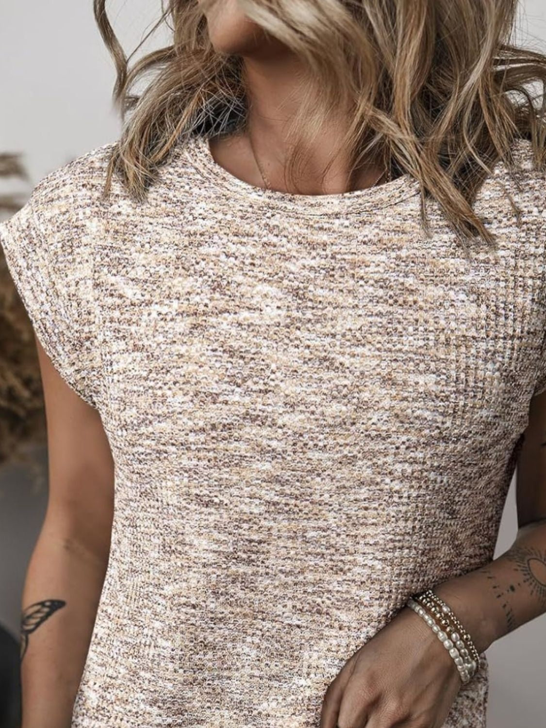 Heathered Round Neck Cap Sleeve T-Shirt