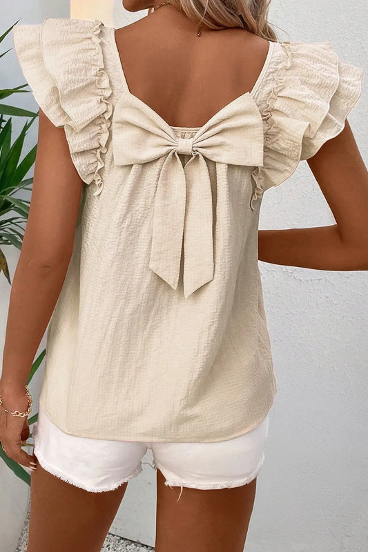 Bow Back Ruffled Cap Sleeve Blouse