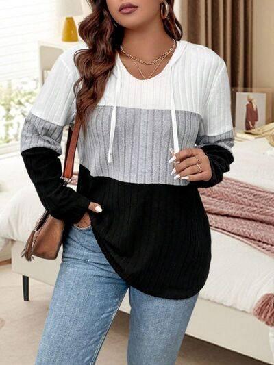 Plus Size Drawstring Color Block Long Sleeve Hooded Top - Clothes For Her Online Store