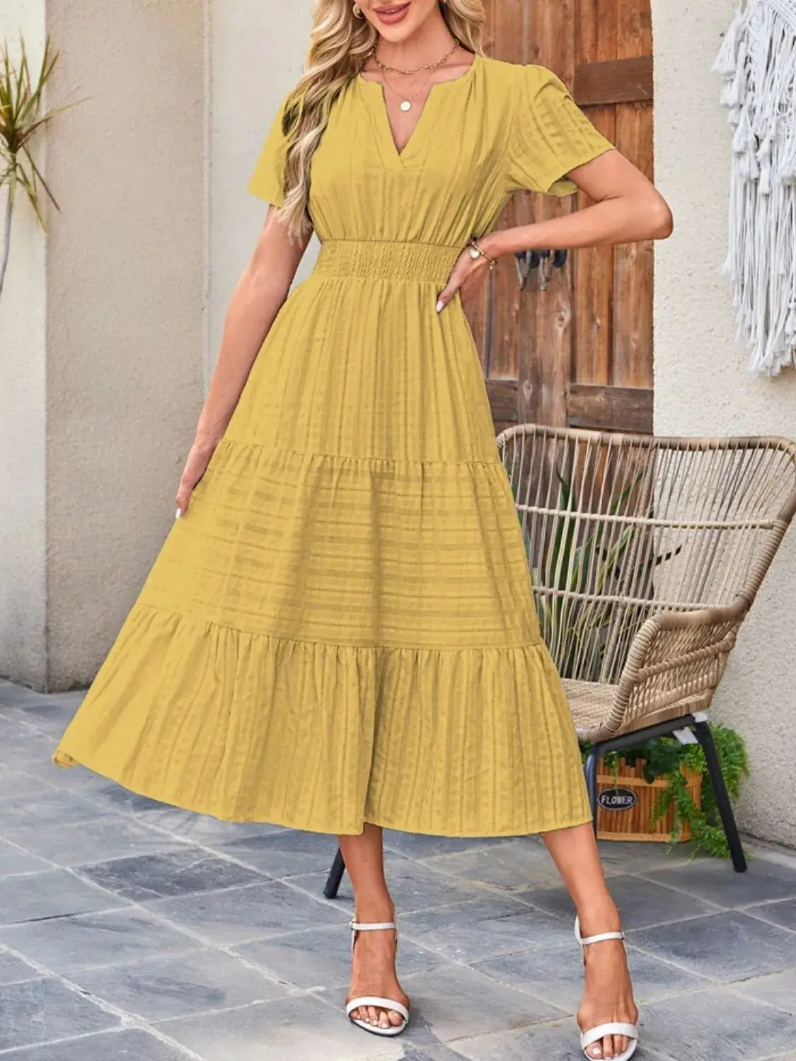 Tiered Notched Short Sleeve Dress - Clothes For Her Online Store