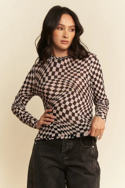 Davi & Dani Checker Board Mesh Long Sleeve Layering Top