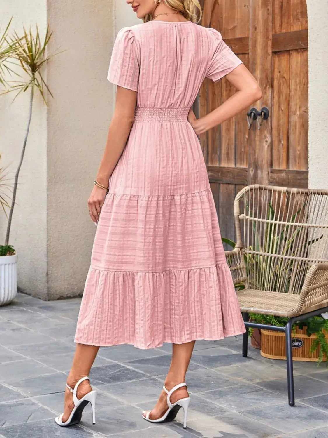 Tiered Notched Short Sleeve Dress - Clothes For Her Online Store