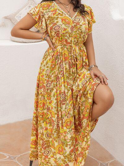 Plus Size Printed V-Neck Flutter Sleeve Tie Waist Maxi Dress