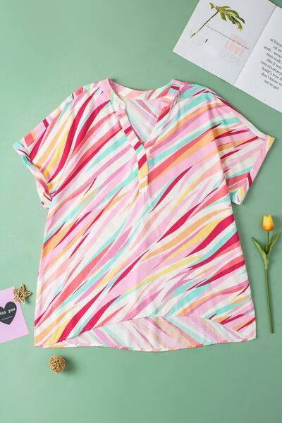 Plus Size Printed Notched Short Sleeve Blouse - Clothes For Her Online Store