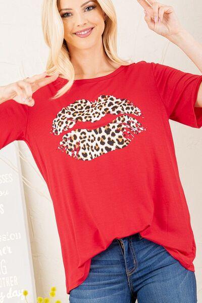 Heimish Full Size Leopard Lip Round Neck Short Sleeve T-Shirt Plus Size - Clothes For Her Online Store